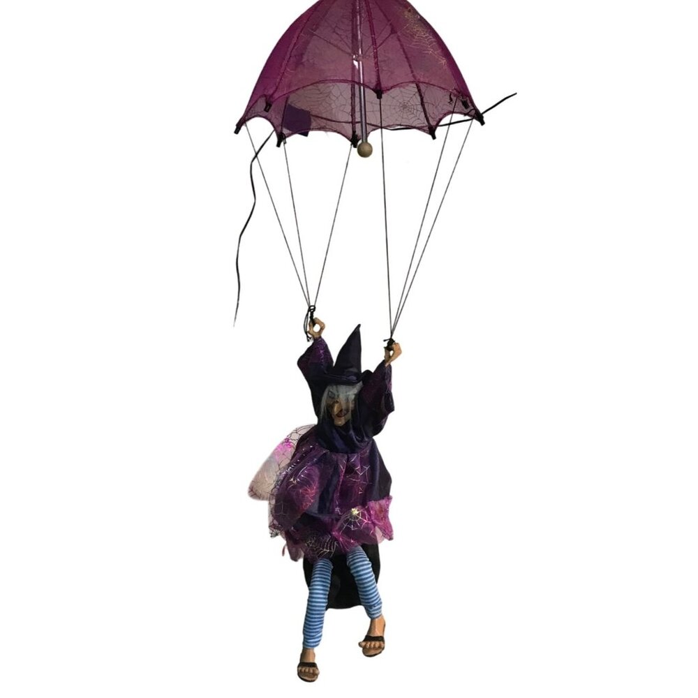 Flying Witch Animated Parachute Striped Legs Spider Web Dress Halloween Ganz ?